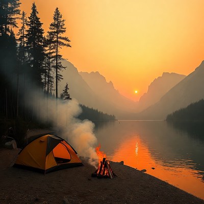 Campfire by tent at sunset lake