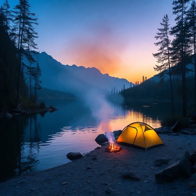Yellow tent campfire by mountain lake sunset