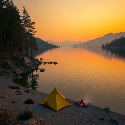 Yellow tent and campfire by sunset lake