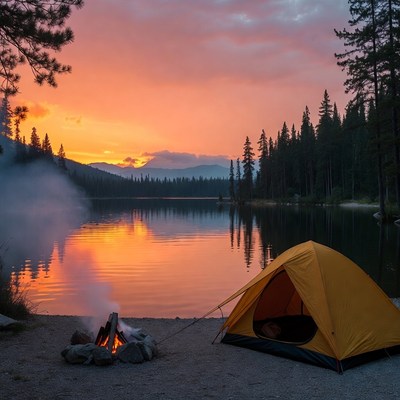 Yellow tent and campfire by sunset lake