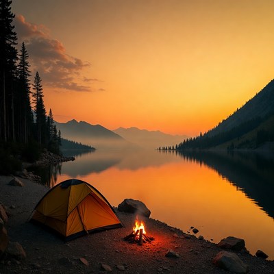 Orange tent by campfire at sunset lake