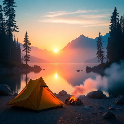 Yellow tent by campfire at sunset lake