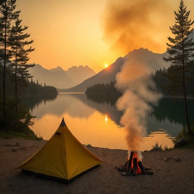 Campfire by Lake at Sunset