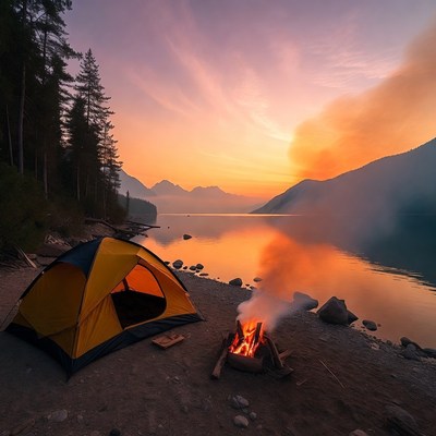 Tent and Campfire by Mountain Lake Sunset