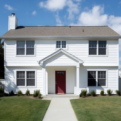 White suburban house with red door