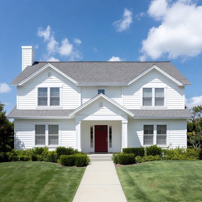 White two-story house with red door