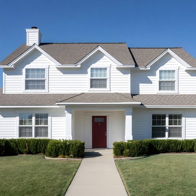 White suburban house with red door
