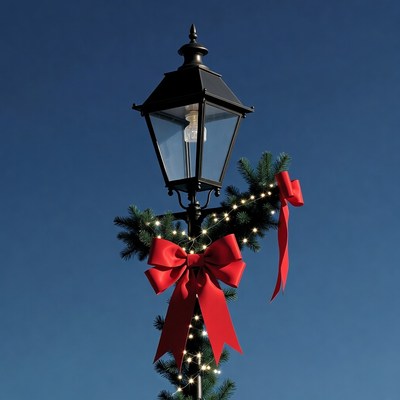 Christmas street lamp with red bow