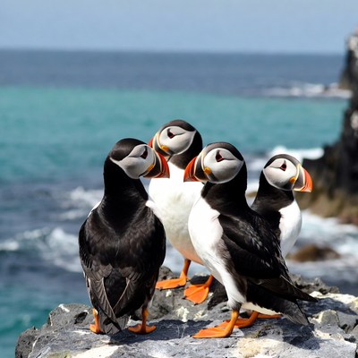 Four puffins on rocky ocean cliff