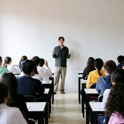 Asian teacher lecturing classroom students