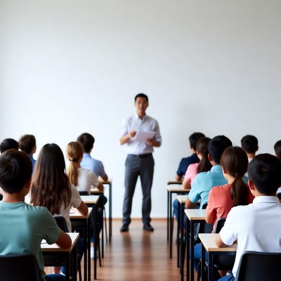 Asian teacher lecturing students in classroom