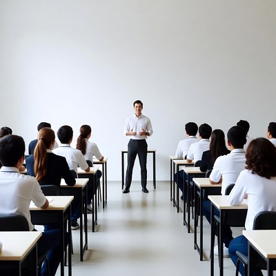 Teacher lecturing Asian students in classroom