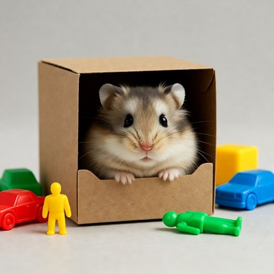 Hamster peeking from cardboard box with toys