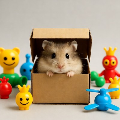 Hamster peeking from toy-filled box