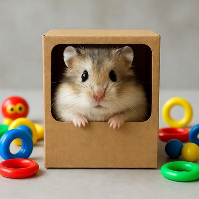 Hamster peeking from cardboard box