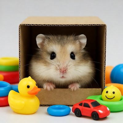 Hamster in cardboard box with toys