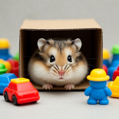 Hamster peeking from cardboard box with toys