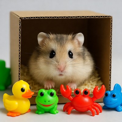 Hamster with bath toys in box