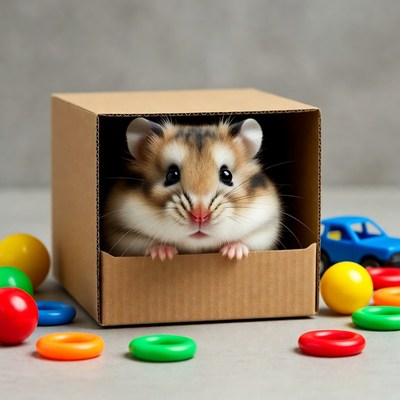 Hamster peeking from cardboard box