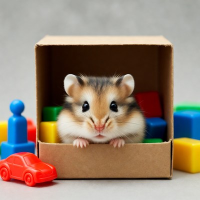 Hamster in cardboard box with toys