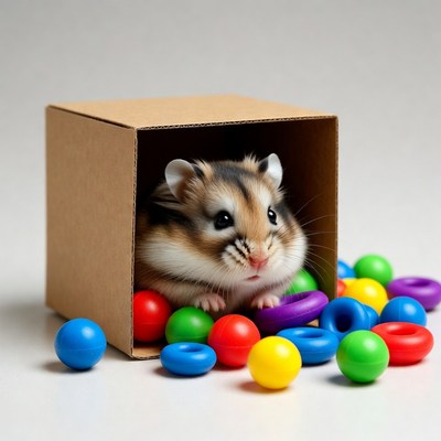 Hamster in cardboard box with colorful toys