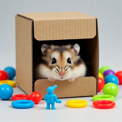 Hamster peeking from cardboard box