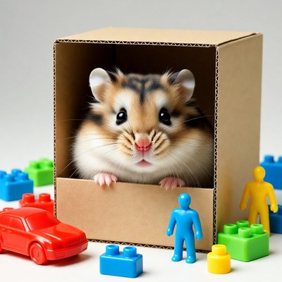 Hamster peeking from cardboard box