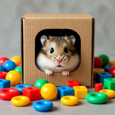 Hamster peeking from cardboard box