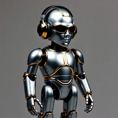 Silver robot wearing headphones and sunglasses