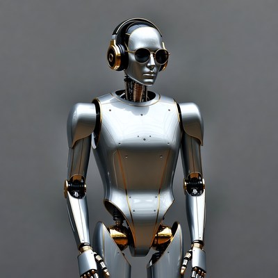 Silver robot wearing gold headphones and sunglasses