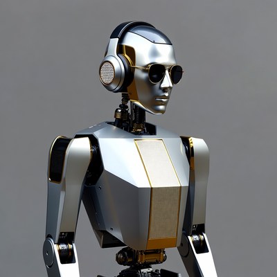 Silver robot wearing headphones and sunglasses
