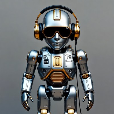 Silver robot wearing gold headphones