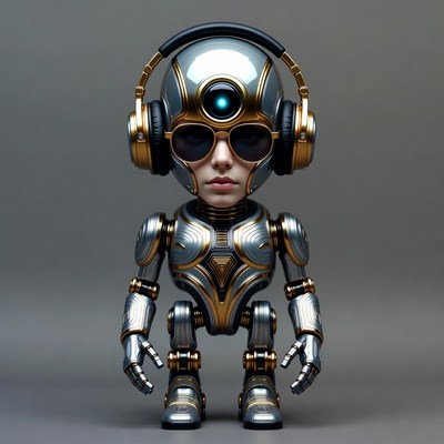 Silver robot with headphones and sunglasses