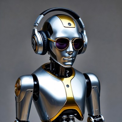 Robot wearing headphones and sunglasses