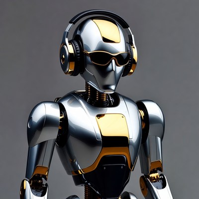 Silver robot wearing gold headphones