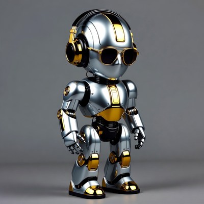 Silver robot with headphones and sunglasses