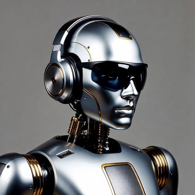 Silver robot wearing headphones