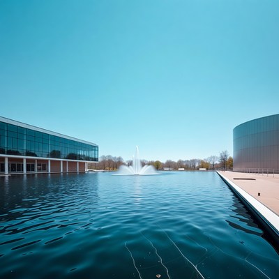 Fountain in pond between modern buildings