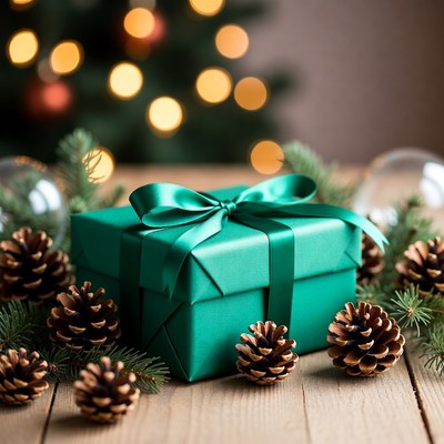Green Wrapped Christmas Gift with Pine Cones