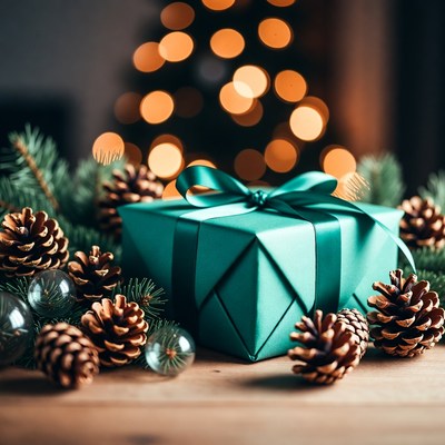 Teal Gift Box with Pine Cones Christmas Tree