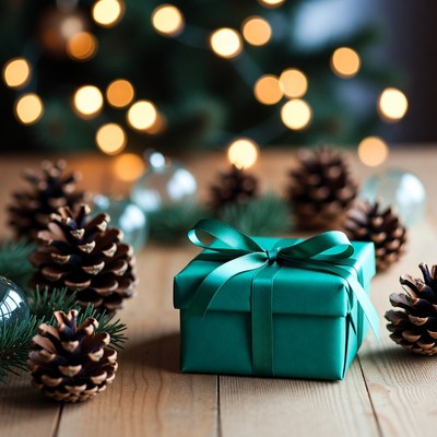 Emerald Green Gift Box with Pine Cones