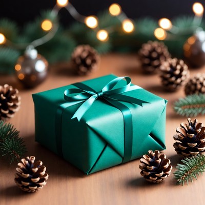 Green Wrapped Christmas Gift with Pine Cones