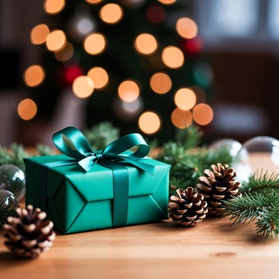 Green Wrapped Christmas Gift with Pine Cones