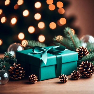 Green Gift Box with Christmas Decorations