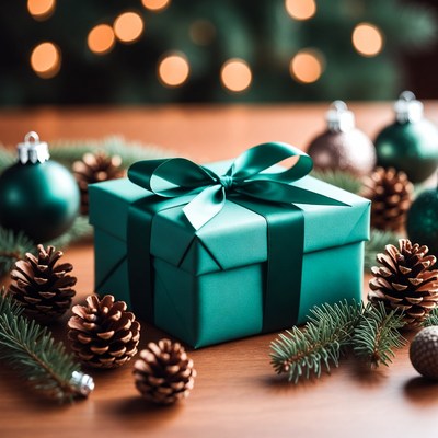 Teal Gift Box with Christmas Ornaments