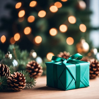 Green Wrapped Christmas Gift with Pine Cones