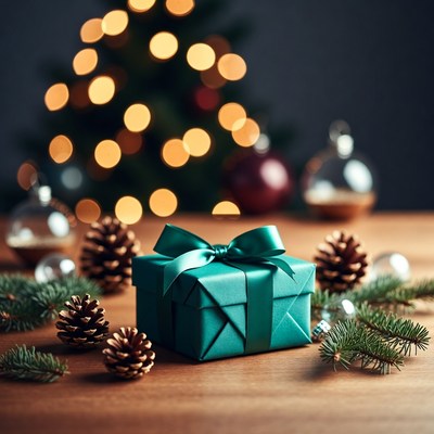 Teal Christmas Gift with Pine Cones