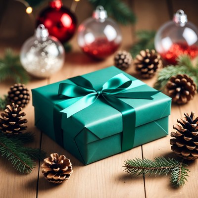 Green Wrapped Christmas Gift with Ornaments