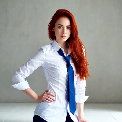 Redhead woman in white shirt and blue tie