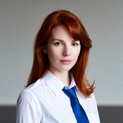 Redhead woman in white shirt and blue tie